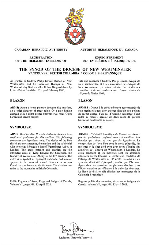 Letters patent registering the heraldic emblems of the Synod of the Diocese of New Westminster