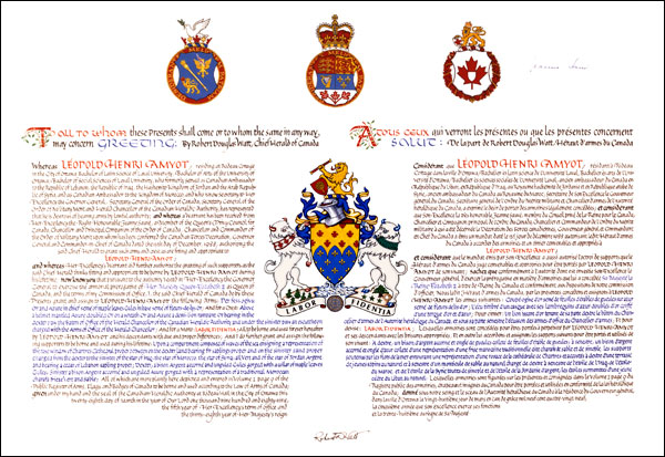 Letters patent granting heraldic emblems to Léopold Henri Amyot