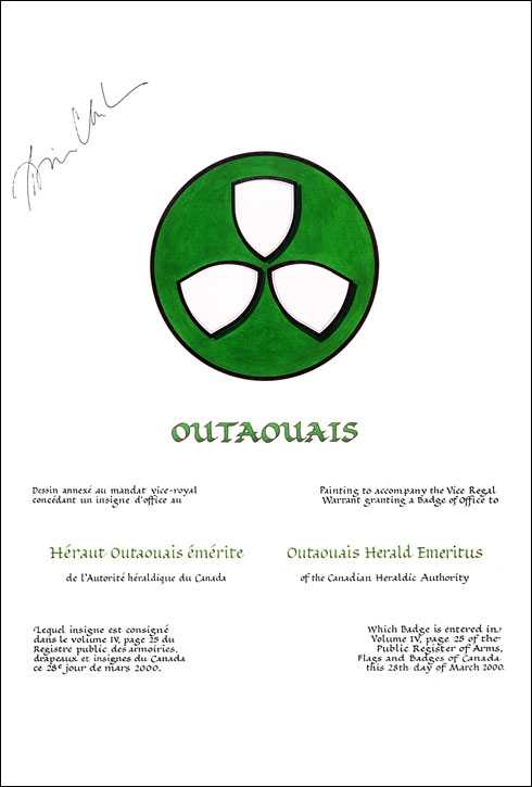 Vice-regal Warrant granting a Badge of Office to Outaouais Herald Emeritus