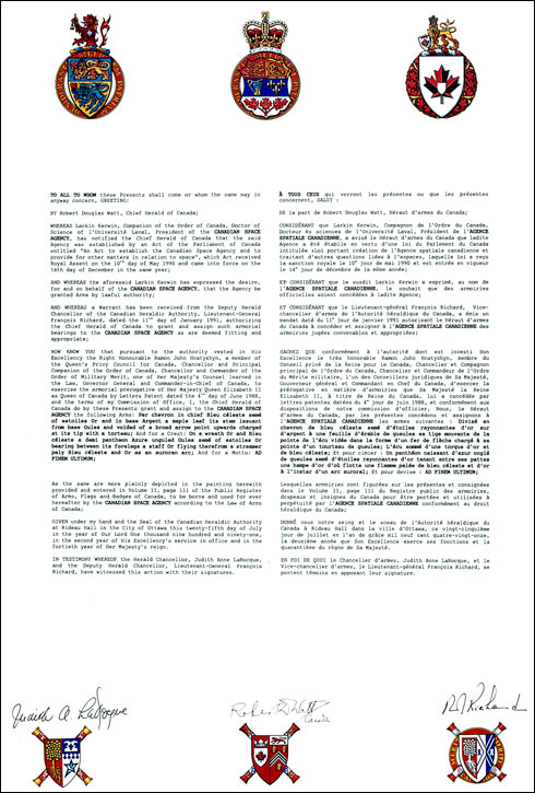 Letters patent granting heraldic emblems to the Canadian Space Agency