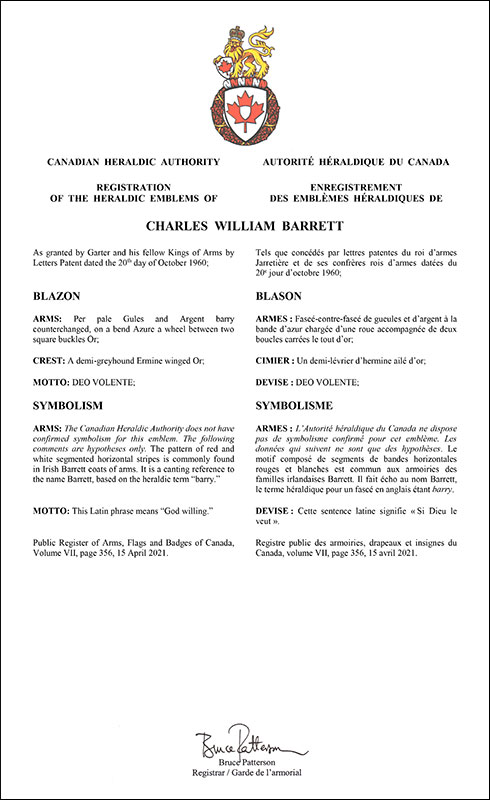 Letters patent registering the heraldic emblems of Charles William Barrett