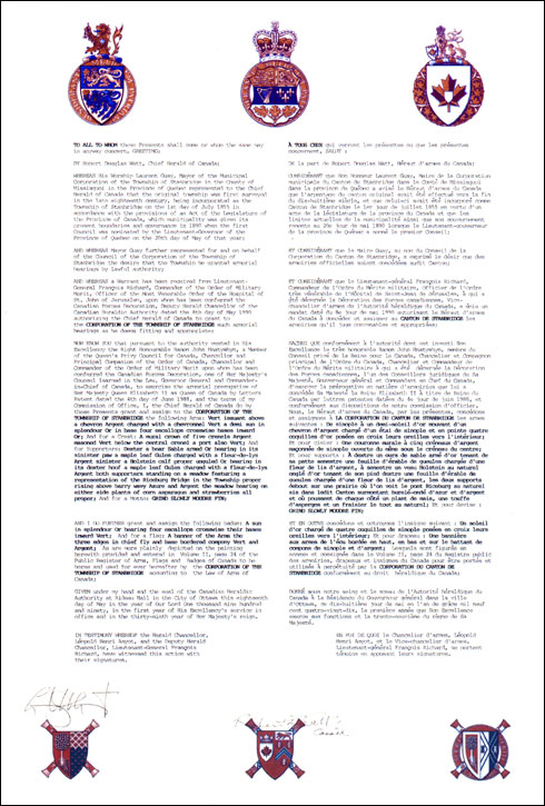 Lettres patentes concédant des emblèmes héraldiques à la Corporation municipale du Canton de Stanbridge