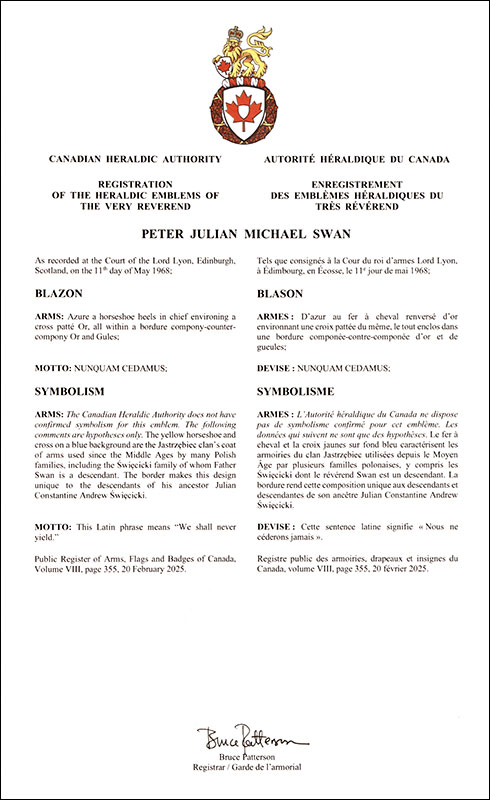 Letters patent registering the heraldic emblems of Peter Julian Michael Swan