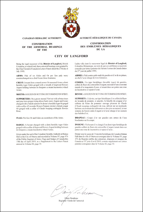 Letters patent confirming the heraldic emblems of the City of Langford