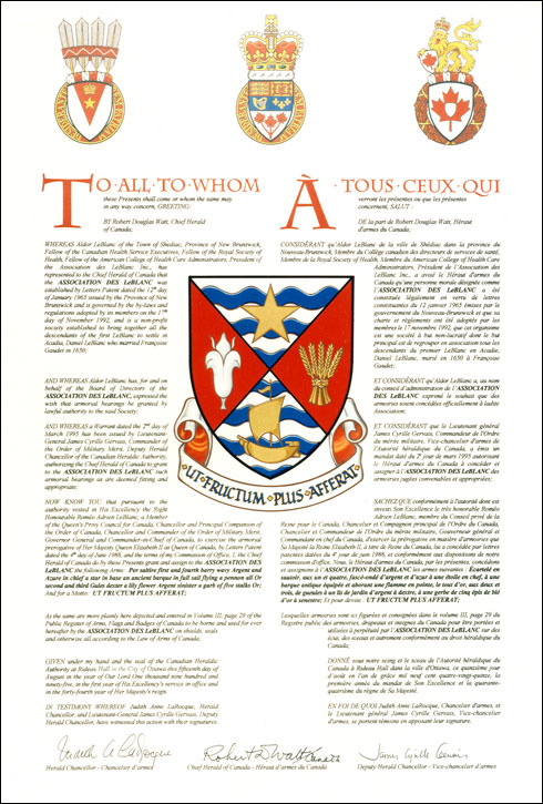 Letters patent granting heraldic emblems to the Association des LeBlanc