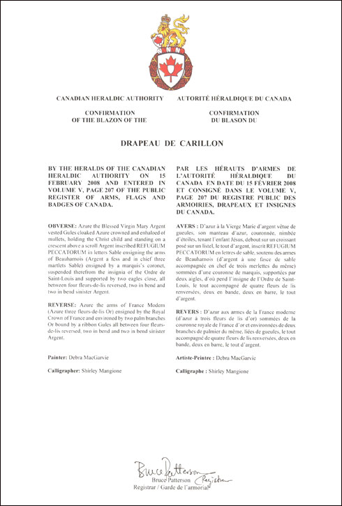 Letters patent confirming the blazon of the Drapeau de Carillon