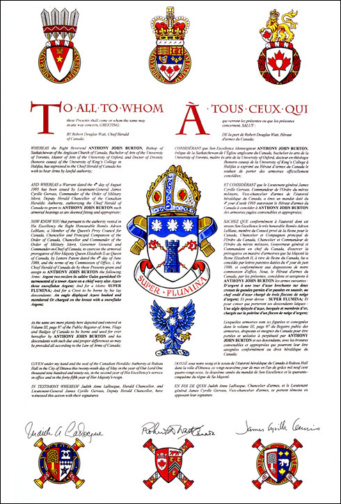 Lettres patentes concédant des emblèmes héraldiques à Anthony John Burton