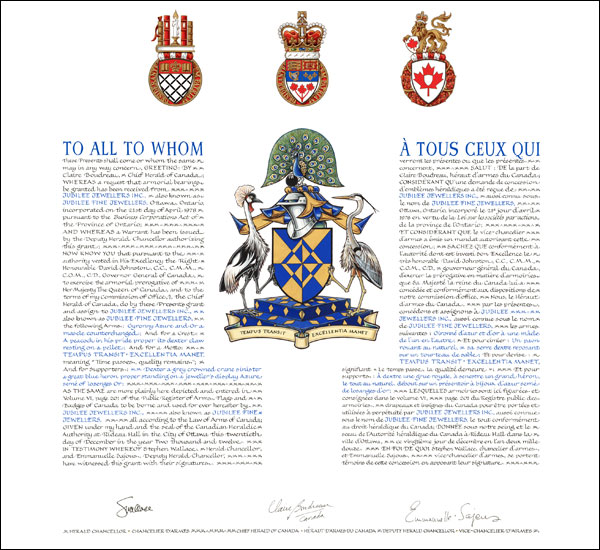 Lettres patentes concédant des emblèmes héraldiques à Jubilee Jewellers Inc.