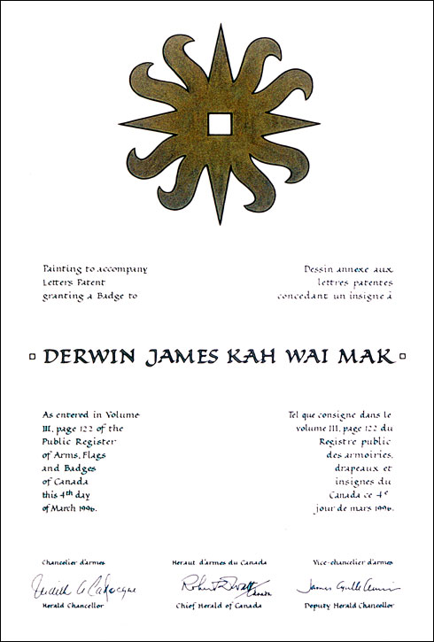 Lettres patentes concédant un insigne à Derwin James Kah Wai Mak
