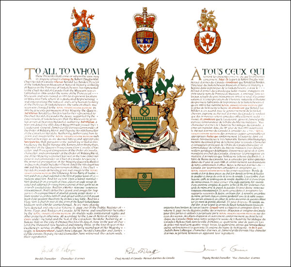Lettres patentes concédant des emblèmes héraldiques au Royal Saskatchewan Museum