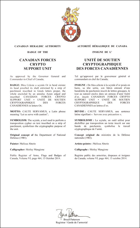 Letters patent approving the Badge of the Canadian Forces Crypto Support Unit