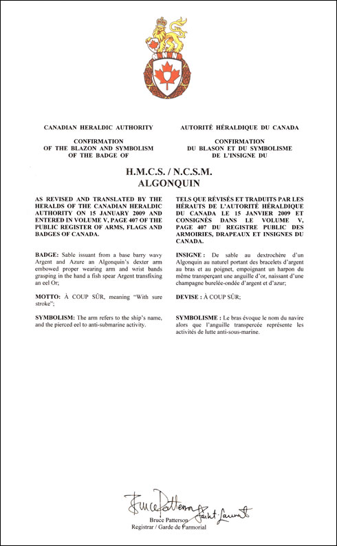 Lettres patentes confirmant le blasonnement de l'insigne du NCSM Algonquin