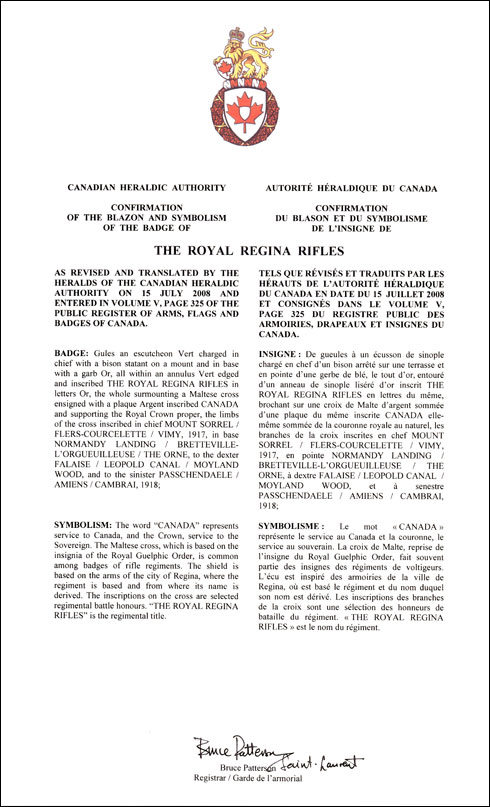 Lettres patentes confirmant le blasonnement de l'insigne de The Royal Regina Rifles