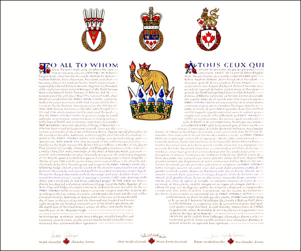Letters patent granting a Badge to the Banff Springs Hotel