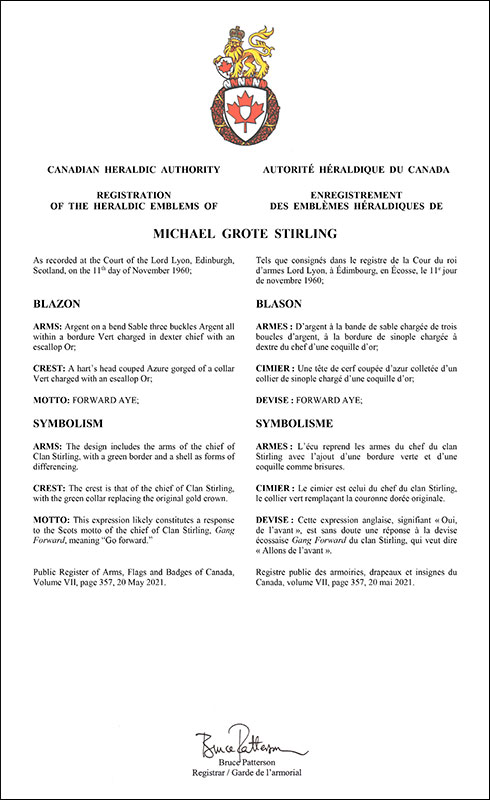 Letters patent registering the heraldic emblems of Michael Grote Stirling