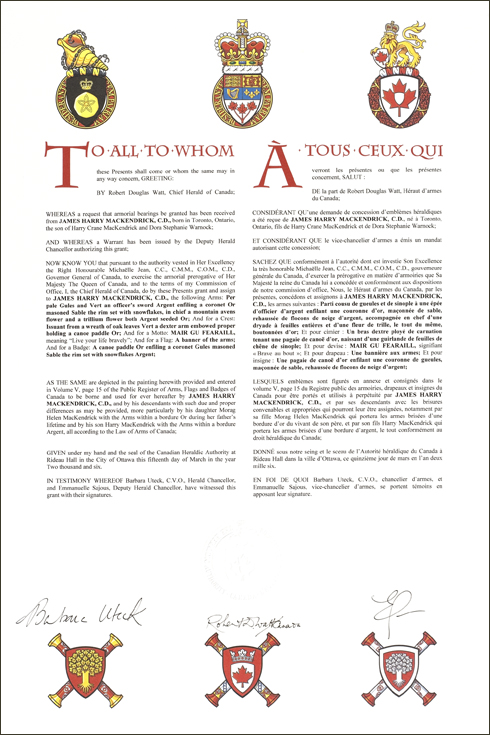 Letters patent granting heraldic emblems to James Harry MacKendrick