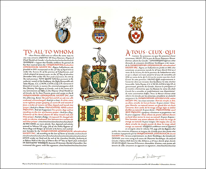 Lettres patentes concédant des emblèmes héraldiques à la  Saskatchewan Genealogical Society Inc.