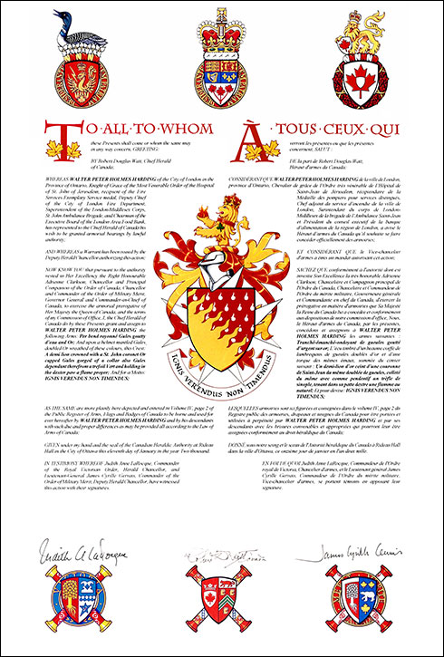 Letters patent granting heraldic emblems to Walter Peter Holmes Harding