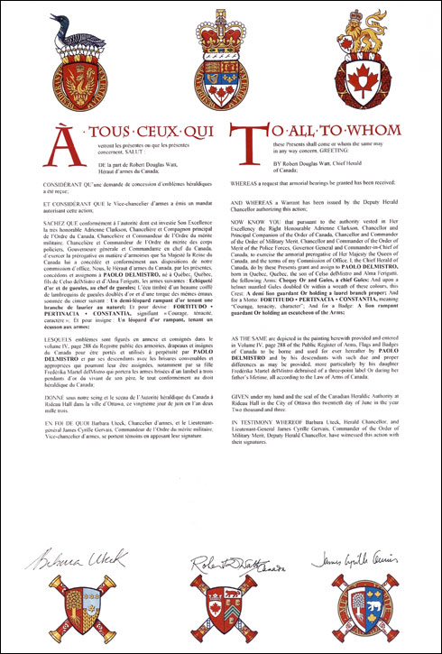 Letters patent granting heraldic emblems to Paolo delMistro