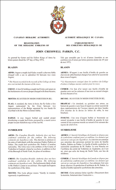 Letters patent registering the heraldic emblems of John Creswell Parkin