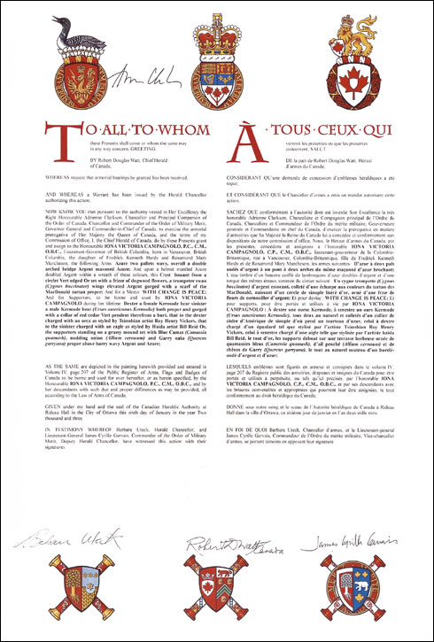 Lettres patentes condédant des emblèmes héraldiques à Iona Victoria Hardy (Campagnolo)