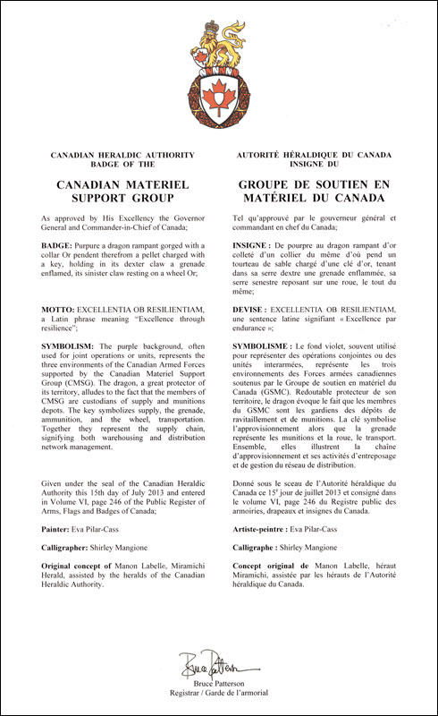 Letters patent approving the Badge of the Canadian Materiel Support Group