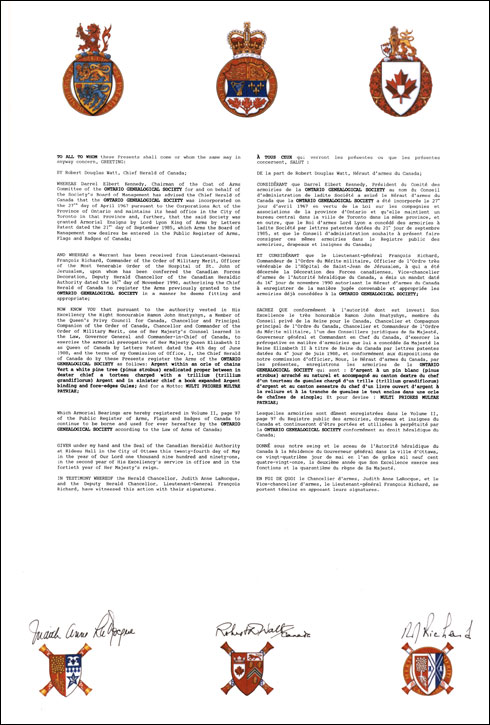 Letters patent registering the heraldic emblems of the Ontario Genealogical Society