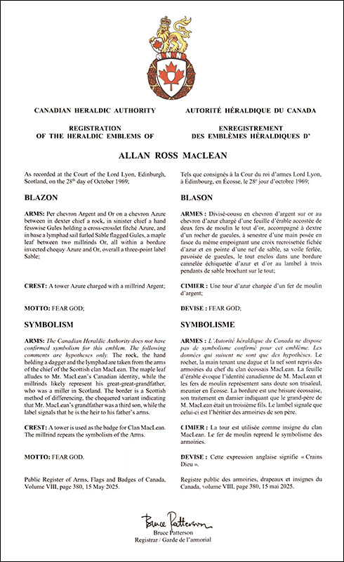 Lettres patentes enregistrant les emblèmes héraldiques d'Allan Ross MacLean