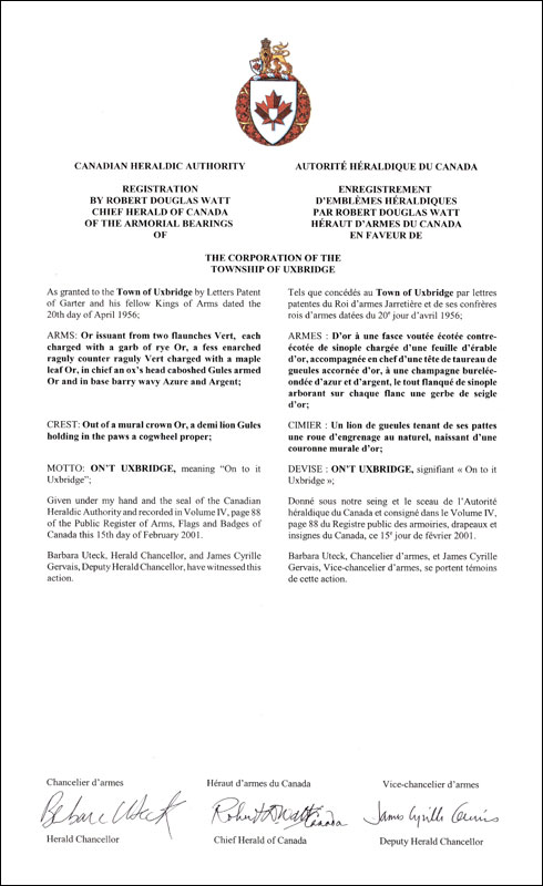 Lettres patentes enregistrant les emblèmes héraldiques de The Corporation of the Township of Uxbridge