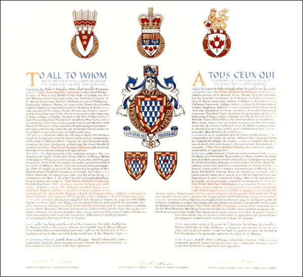 Letters patent granting heraldic emblems to Paul Brian Nicholas Flemming