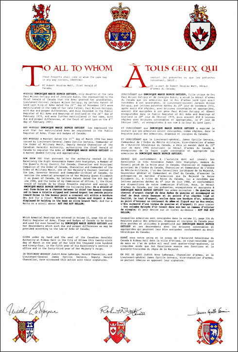 Letters patent registering the heraldic emblems of Dominique Marie Sophie Ostiguy