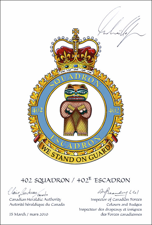 Lettres patentes confirmant le blasonnement de l'insigne du 402e Escadron