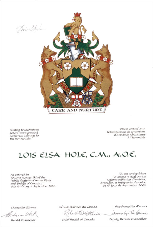 Lettres patentes concédant des emblèmes héraldiques à Lois Elsa Hole