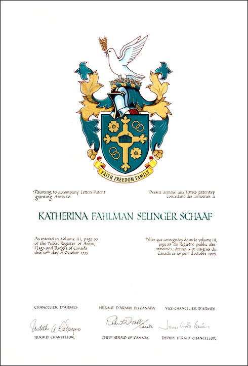 Letters patent granting heraldic emblems to Katherina Fahlman Selinger Schaaf