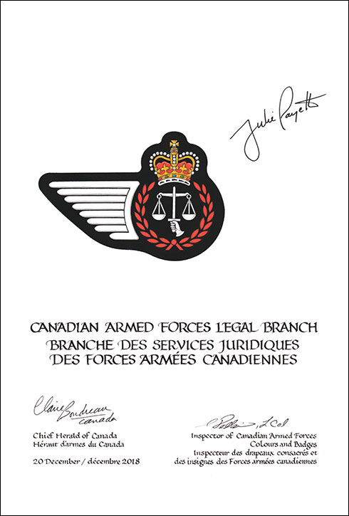 Lettres patentes approuvant les emblèmes héraldiques de la Branche des services juridiques des Forces armées canadiennes