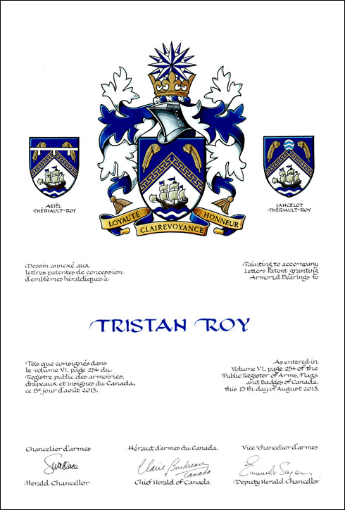 Letters patent granting heraldic emblems to Tristan Roy