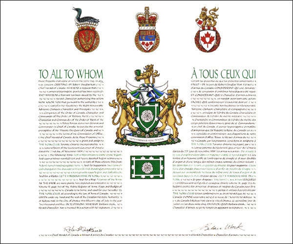 Letters patent granting heraldic emblems to The York Club
