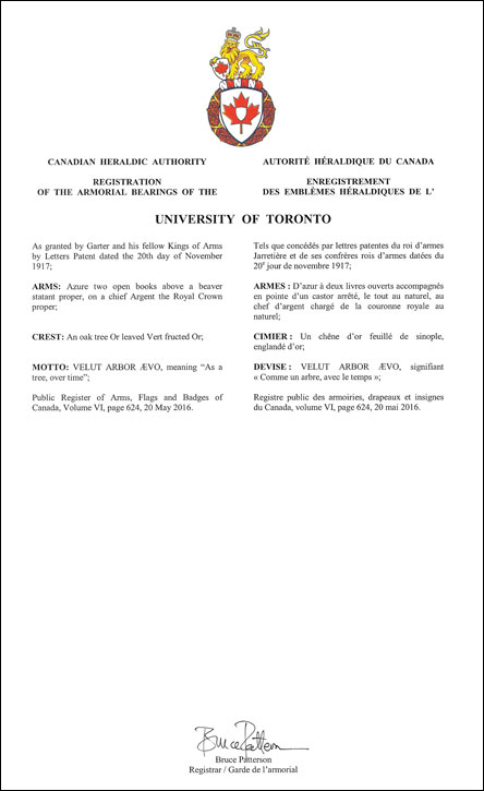 Letters patent registering the heraldic emblems of the University of Toronto