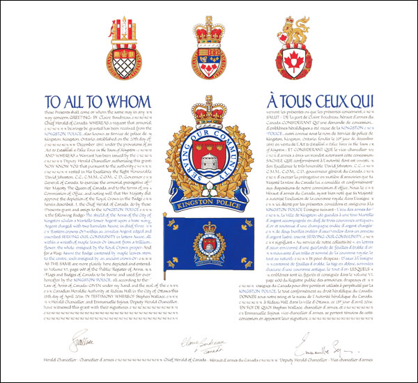 Lettres patentes concédant des emblèmes héraldiques à la Kingston Police (aussi connue sous le nom de Service de police de Kingston)