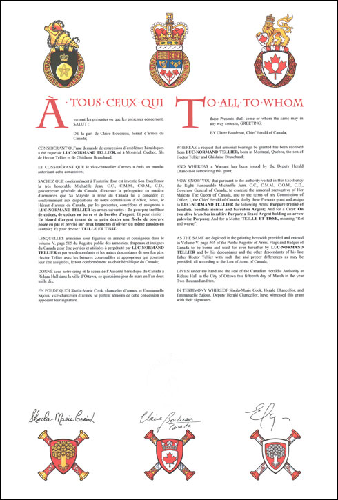 Letters patent granting heraldic emblems to Luc-Normand Tellier