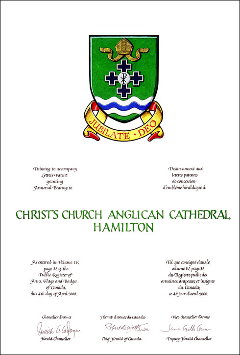 Lettres patentes concédant des emblèmes héraldique à la Christ's Church Anglican Cathedral, Hamilton