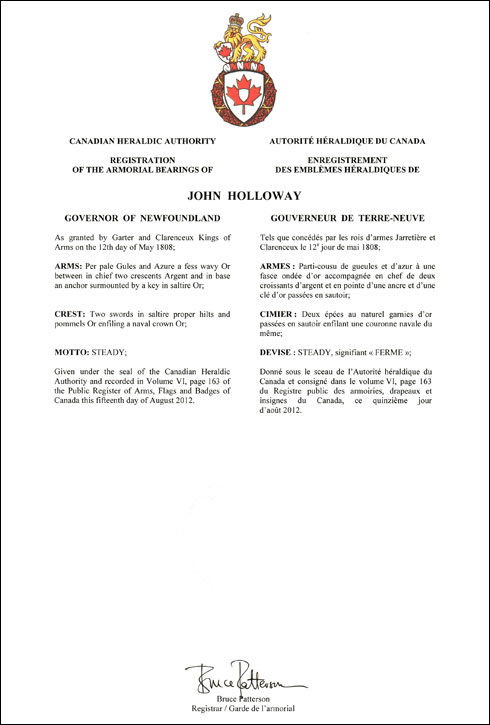 Lettres patentes enregistrant les emblèmes héraldiques de John Holloway