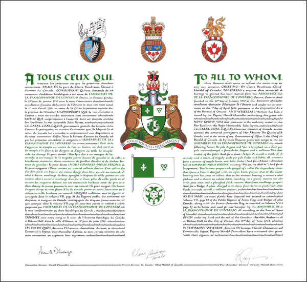 Letters patent granting heraldic emblems to the Assemblée de la francophonie de l’Ontario