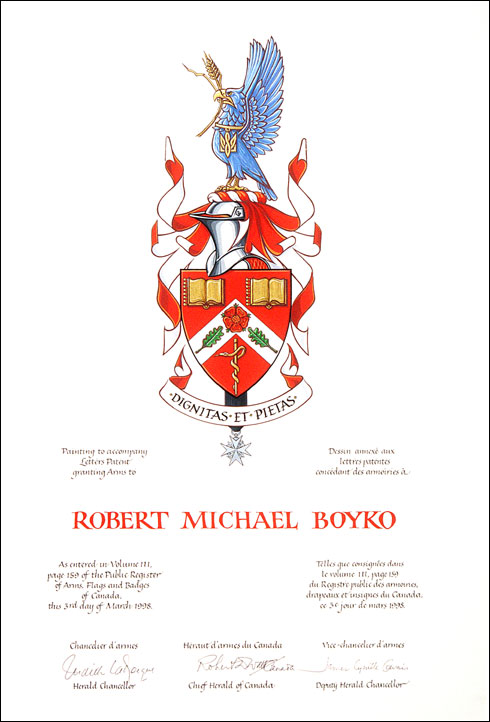 Letters patent granting heraldic emblems to Robert Michael Boyko