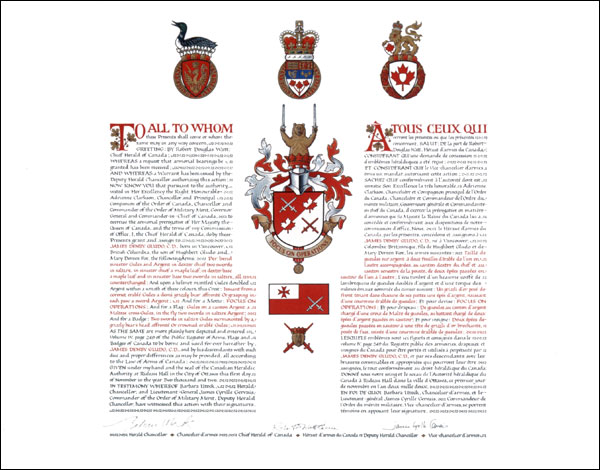 Letters patent granting heraldic emblems to James Denby Gludo
