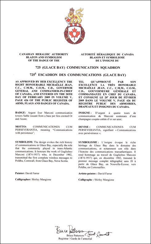 Lettres patentes approuvant l'insigne du 725e Escadron de communications (Glace Bay)