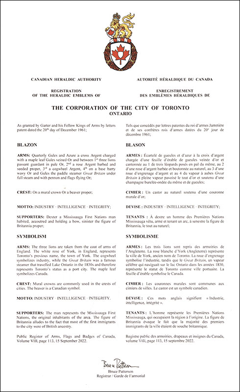 Letters patent registering heraldic emblems to The Corporation of the City of Toronto