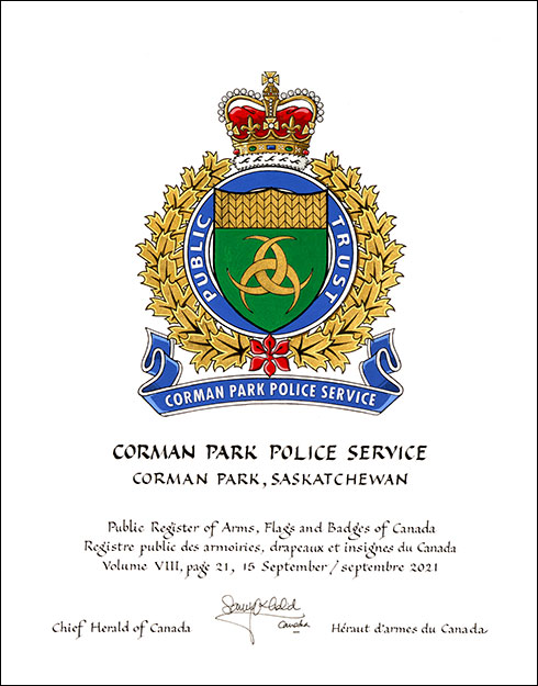 Letters patent granting heraldic emblems to the Corman Park Police Service