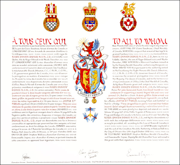 Letters patent granting heraldic emblems to Roger Damien Bibaud