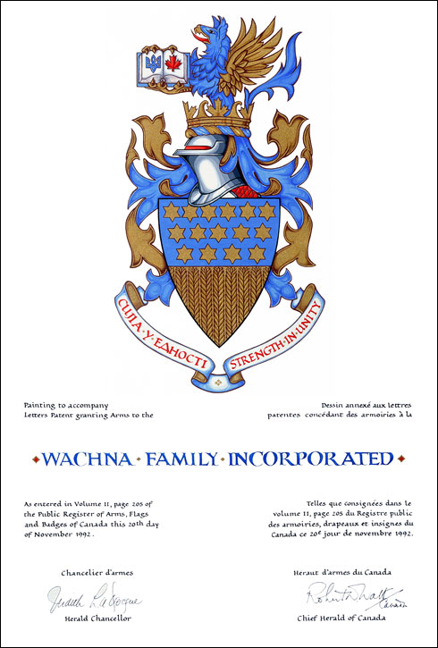 Letters patent granting heraldic emblems to the Wachna Family Incorporated